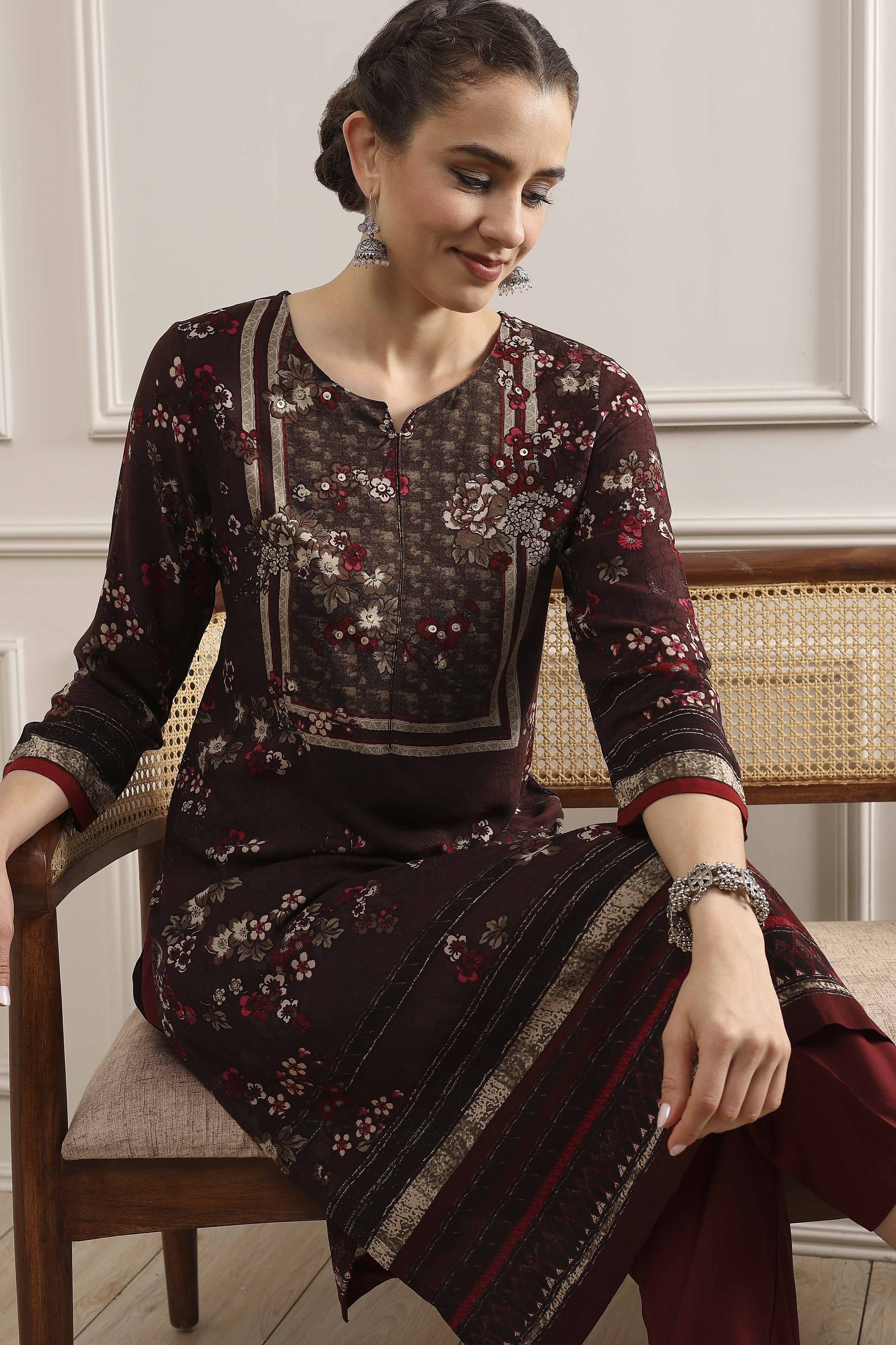Brown Floral Printed Straight Kurta image number 6
