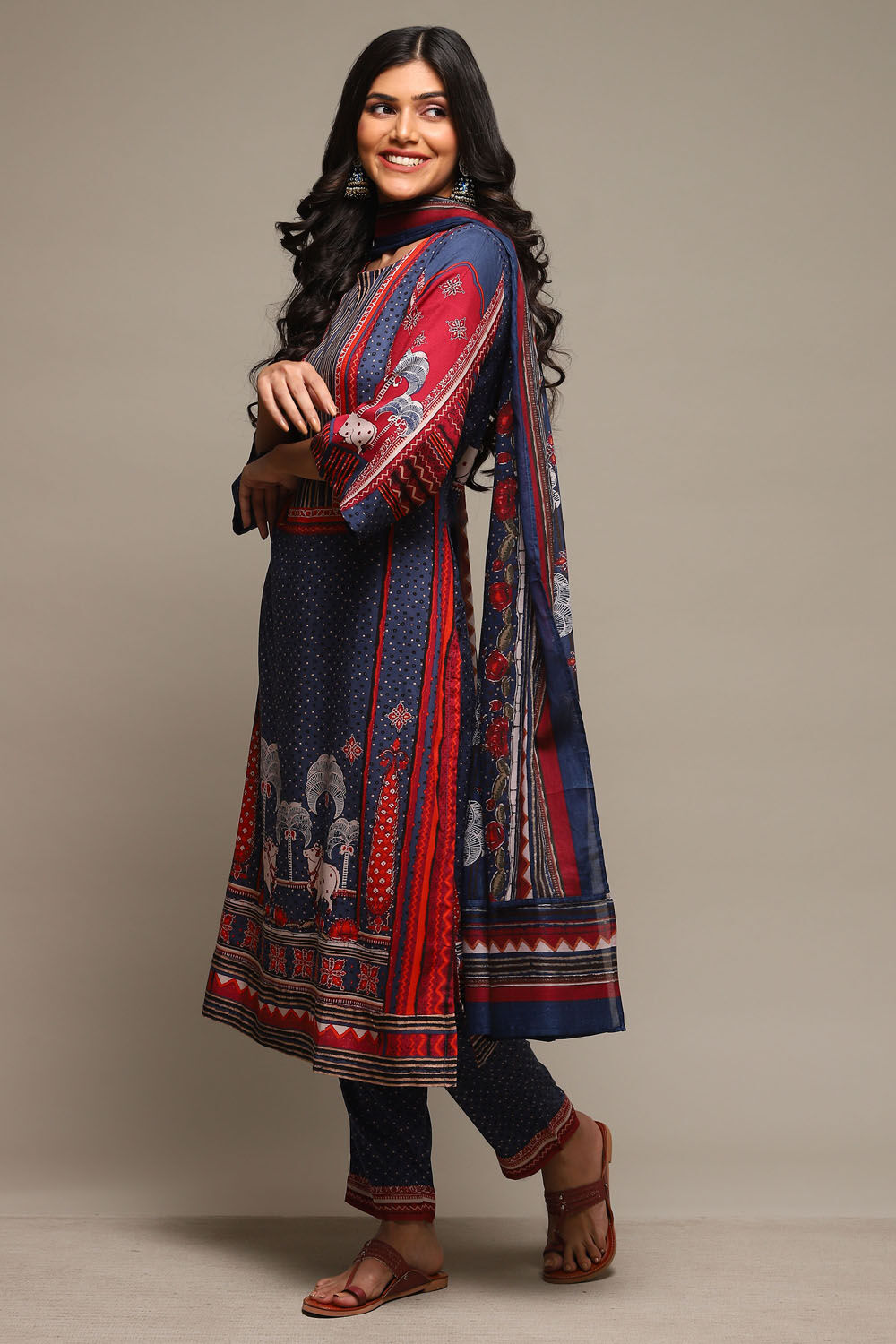 Indigo & Red Rayon Straight Kurta Pants Suit Set image number 5