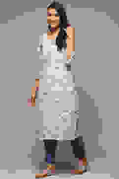 Cream Cotton A-Line Printed Kurta image number 2