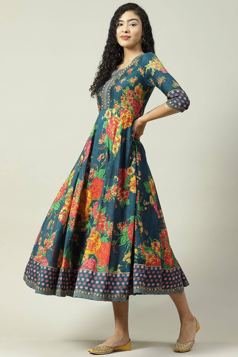 Teal Cotton Flared Fusion Printed Dress image number 3