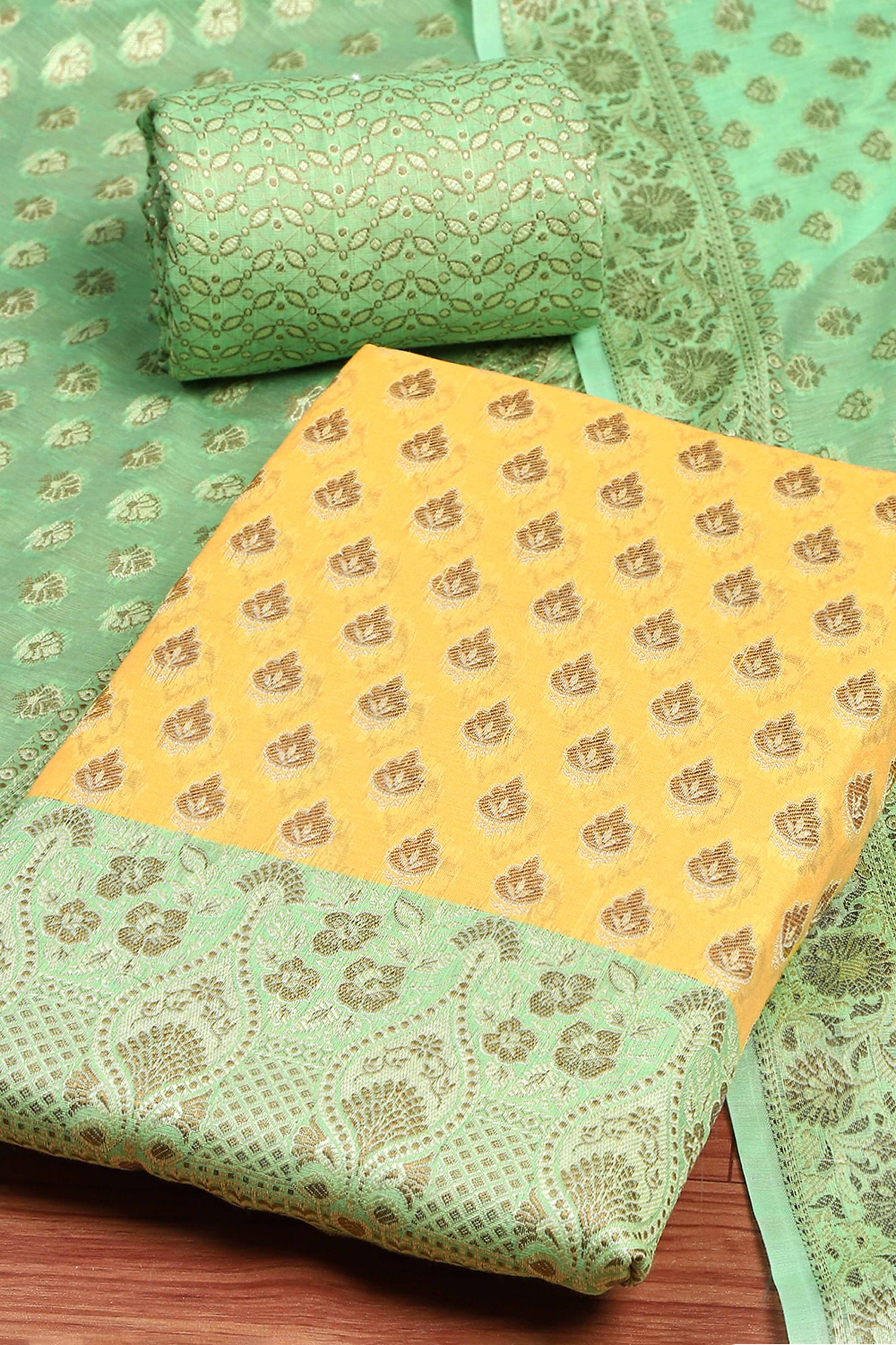 Mustard Poly Cotton Banarasi Unstitched Suit Set image number 1