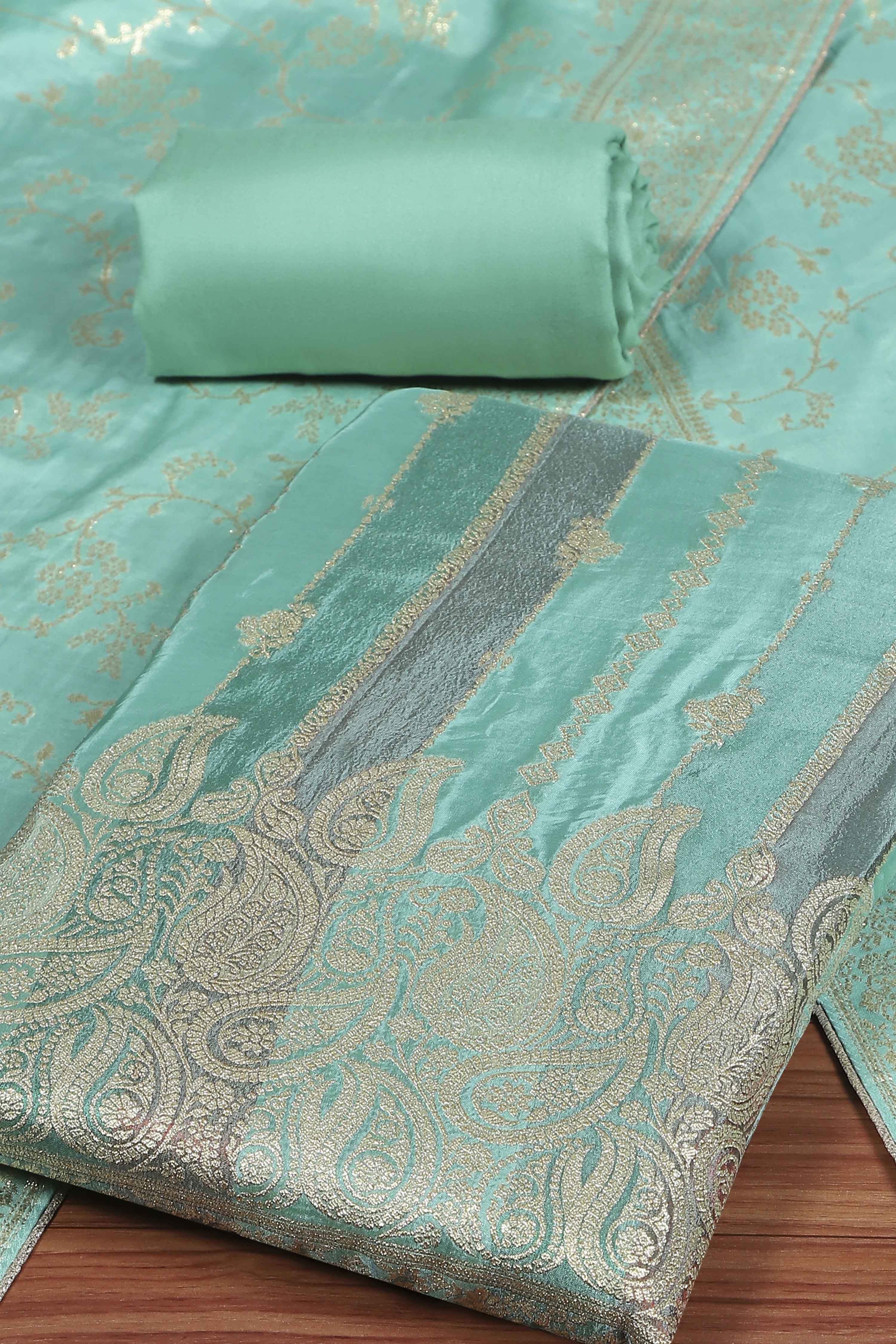 Teal Cotton Printed Embroidered Unstitched Suit Set image number 1