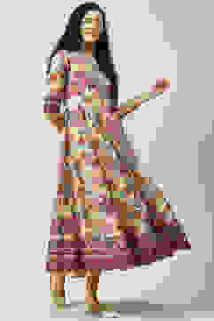 Off White Art Silk Flared Fusion Printed Dress image number 3