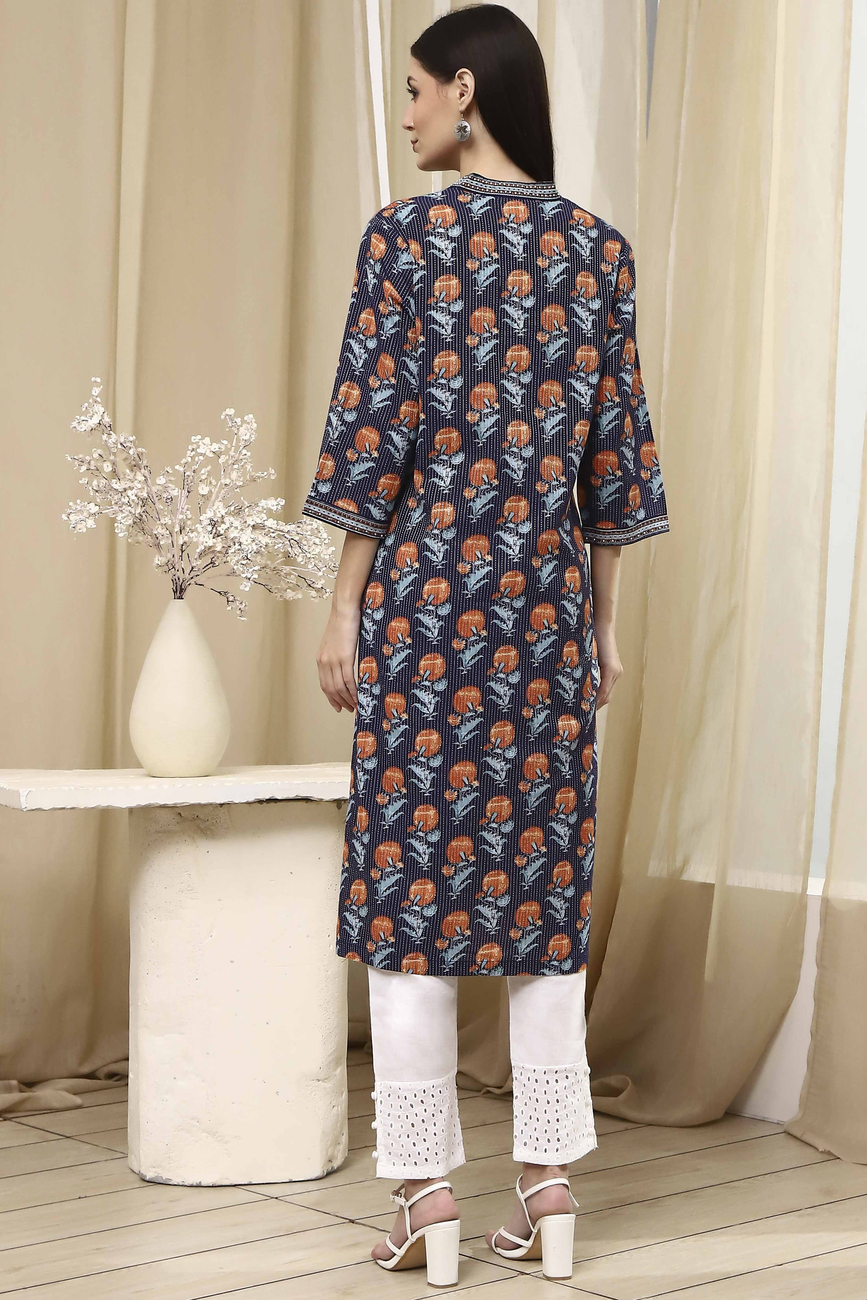 Teal Cotton Printed Straight Kurta image number 3