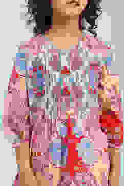 Pink and Blue Cotton Printed A-Line Kurta Set image number 1