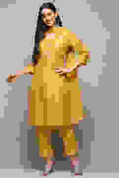 Mango Yellow Voile Narrow Kurta Pant Suit Set image number 7