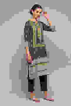 Charcoal LIVA Straight Printed Kurta image number 3