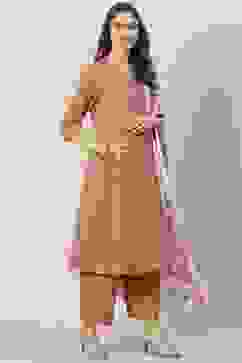 Peach Solid Cotton Kalidar Kurta Palazzo Suit Set image number 6