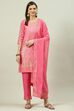 Pink Printed Straight Kurta Slim Pant Suit Set image number 7