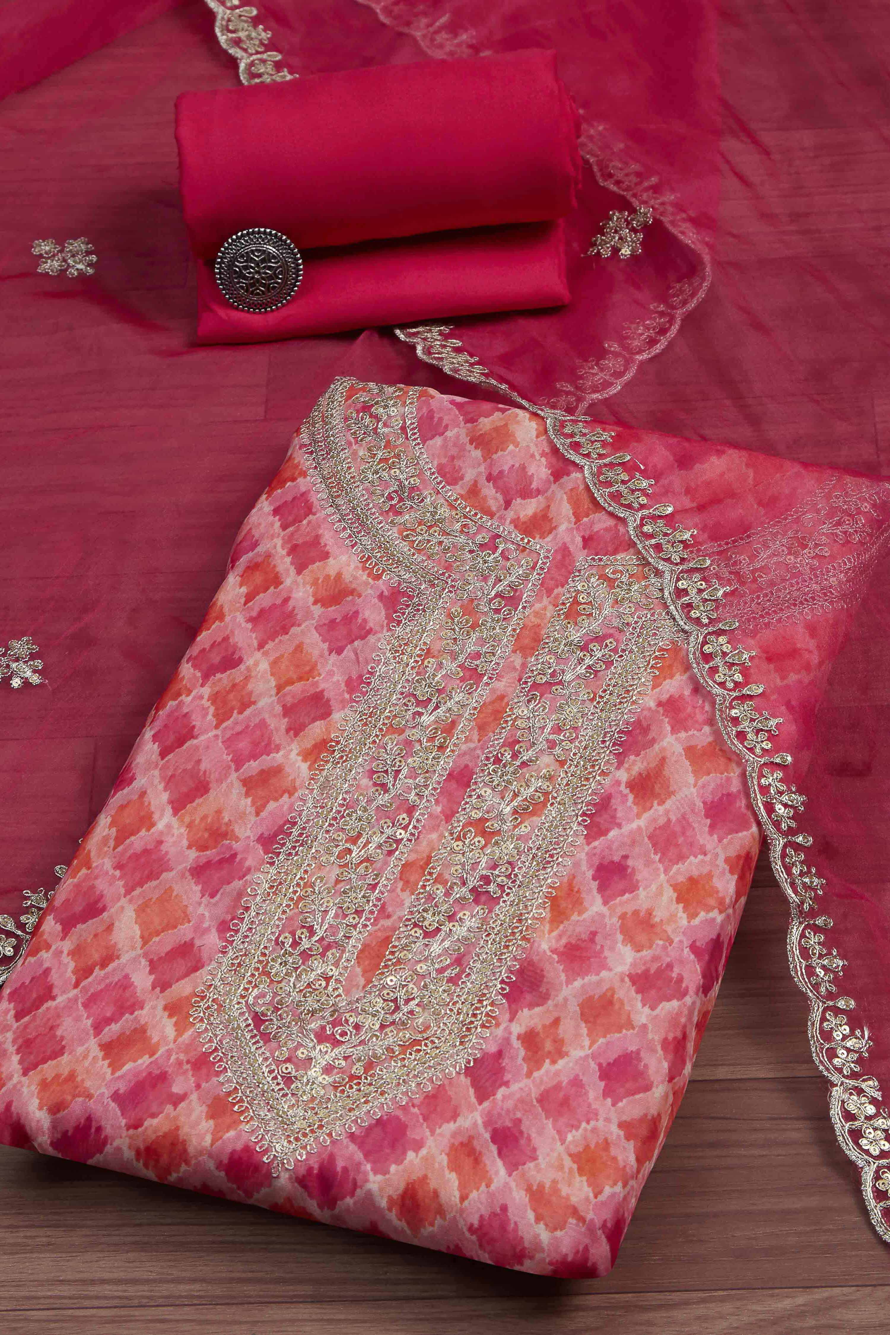Pink Organza Rajasthani Print Unstitched Suit Set image number 0