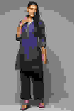 Blue Cotton Blend Straight Kurta Palazzo Suit Set image number 3