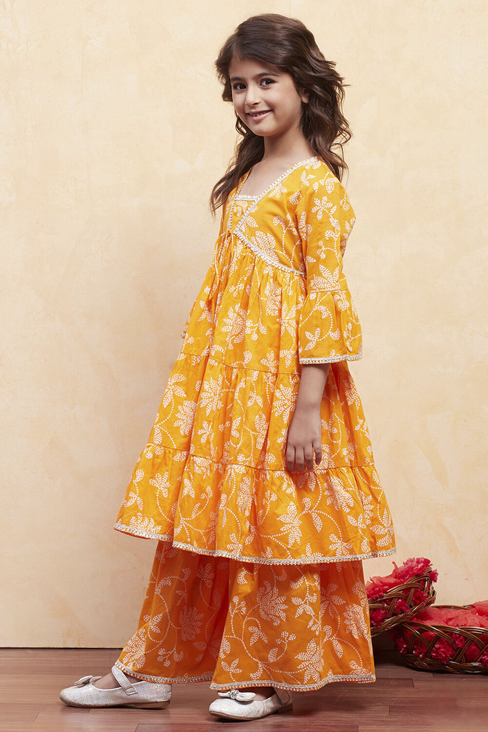 Orange Cotton Printed Tiered Kurta Set image number 3