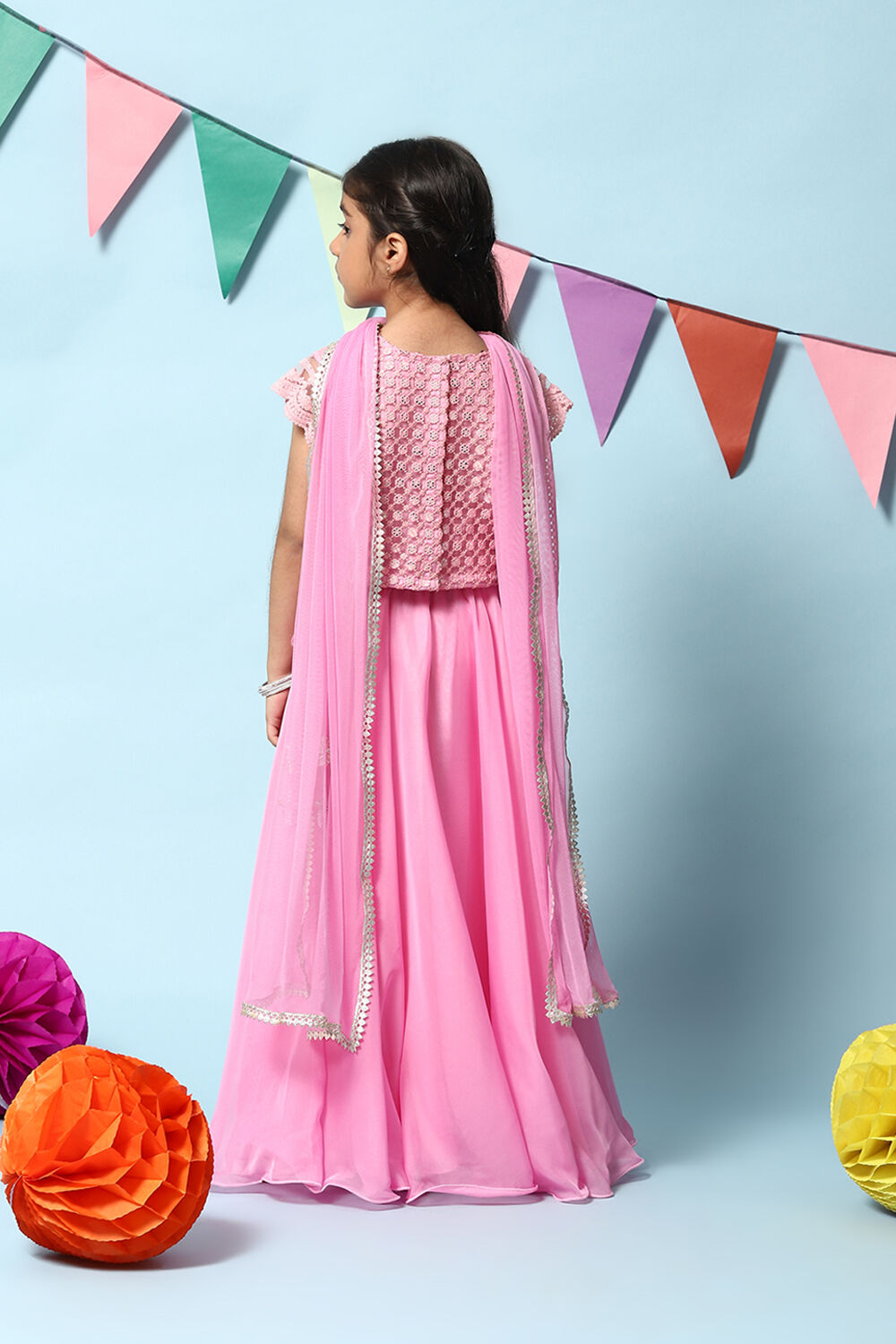 Bubble gum Pink Nylon Short Top Lehenga Set image number 4