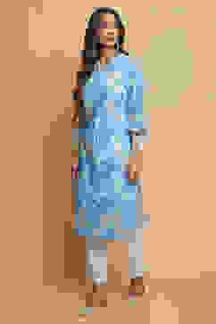 Blue Cotton Straight Kurta Pants Set image number 5