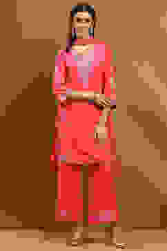 Pink Embroidered Straight Suit Set image number 6