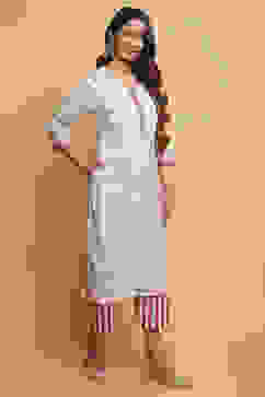 Natural Berry Cotton Flax Straight Kurta Pants Set image number 4