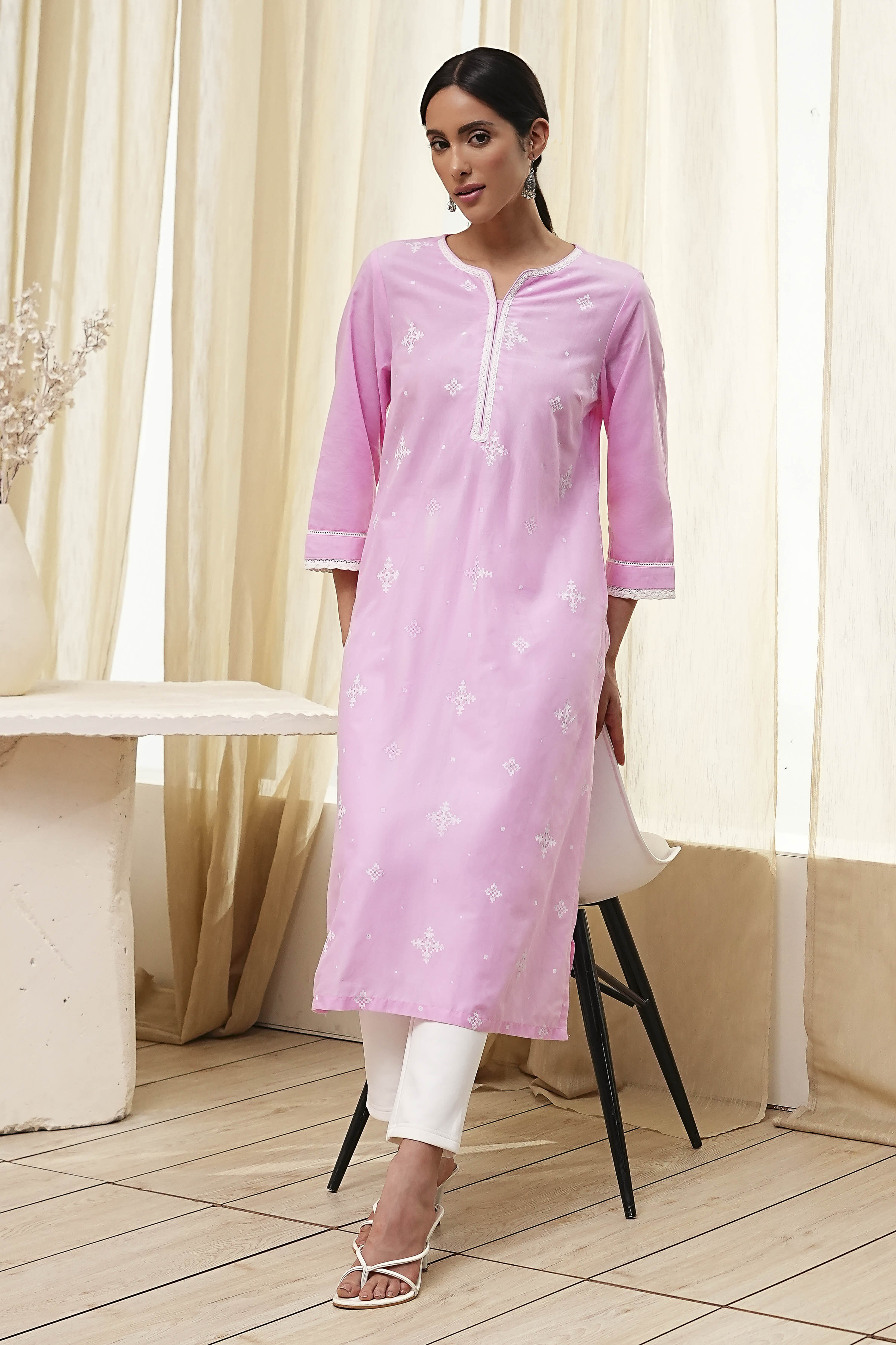 Light Pink Cotton Straight Kurta image number 5