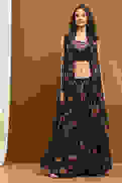Black Georgette Floral Printed Flared Lehenga Set image number 6