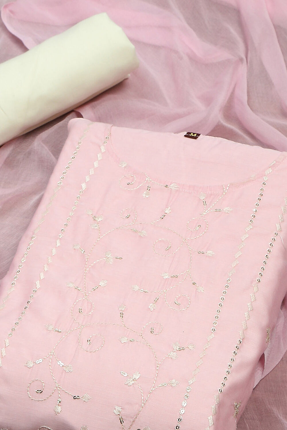 Peach Modal Satin Machine Embroidered Unstitched Suit Set image number 1