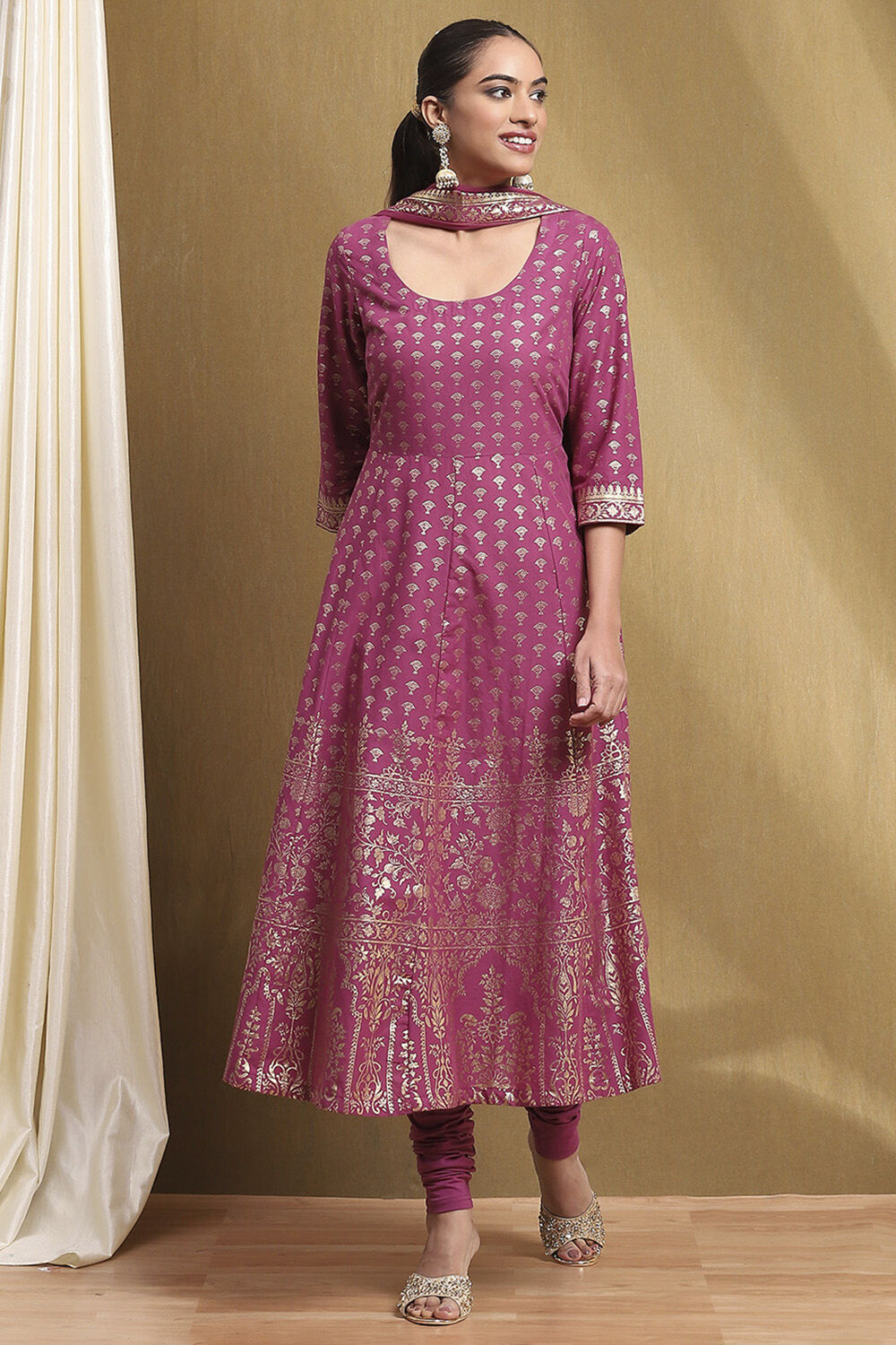 Plum Cotton Printed Anarkali Suit Set image number 6