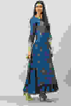 Navy Poly Cotton Flared Printed Dress image number 6