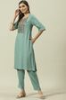Sage Green Solid LIVA Straight Kurta Slim Pant Suit Set image number 5