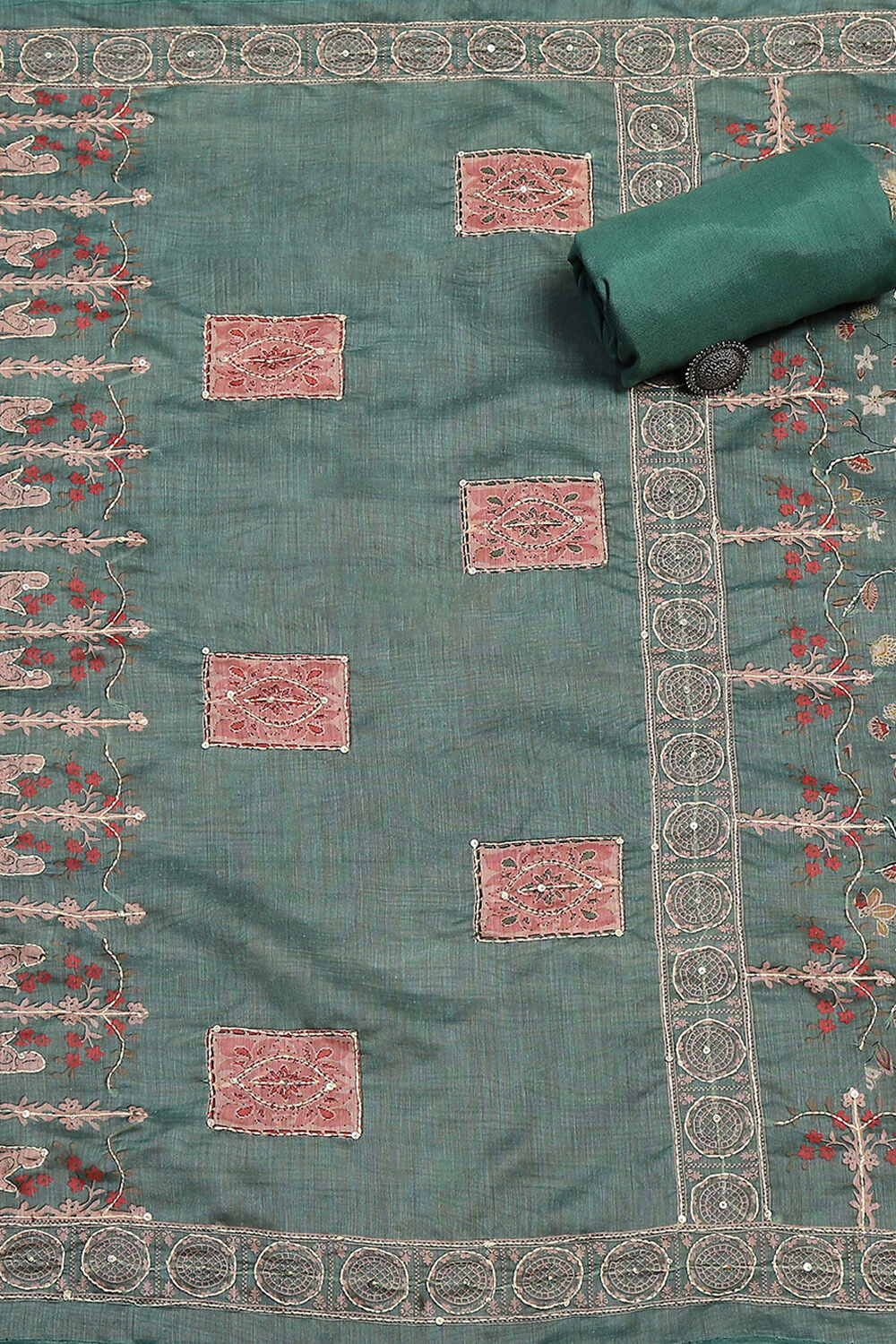 Green Chanderi Hand Embroidered Unstitched Suit Set image number 3