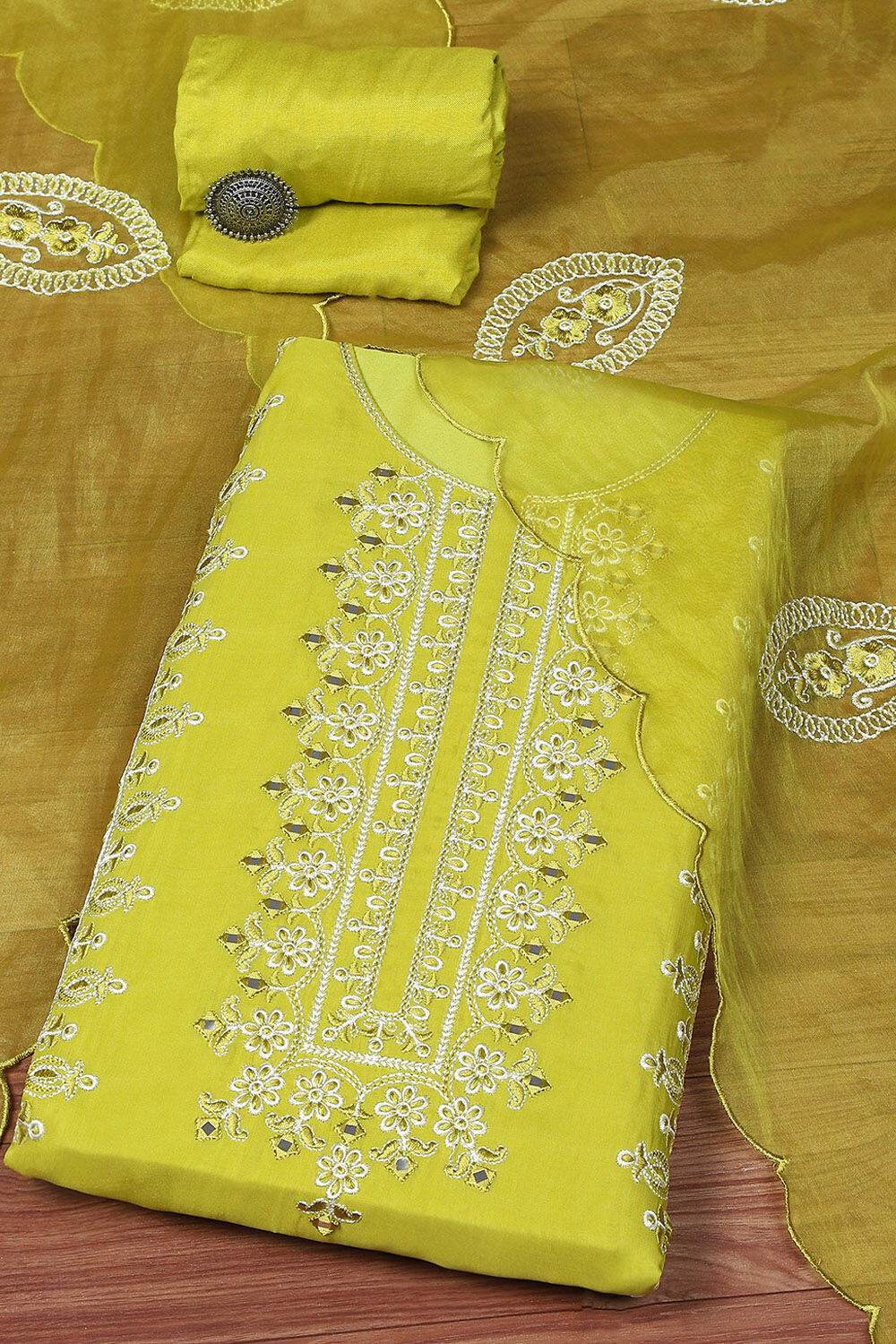 Lime Organza Unstitched Suit set image number 0