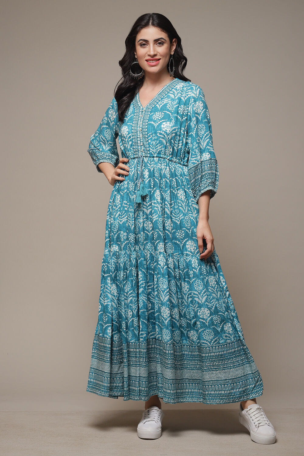 Orange Printed Tiered Dress image number 1