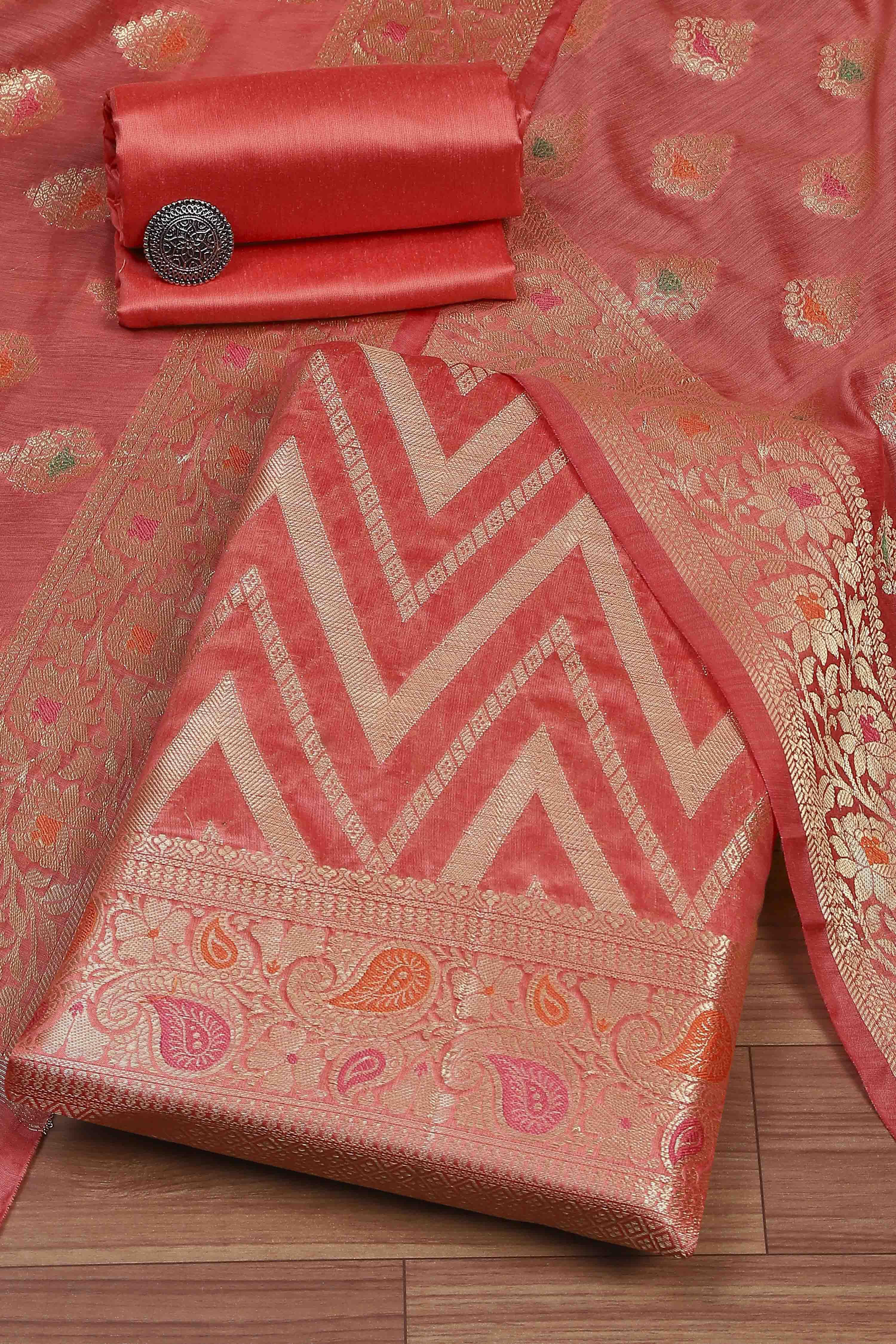 Hot Pink Poly Cotton Banarasi Unstitched Suit Set image number 0