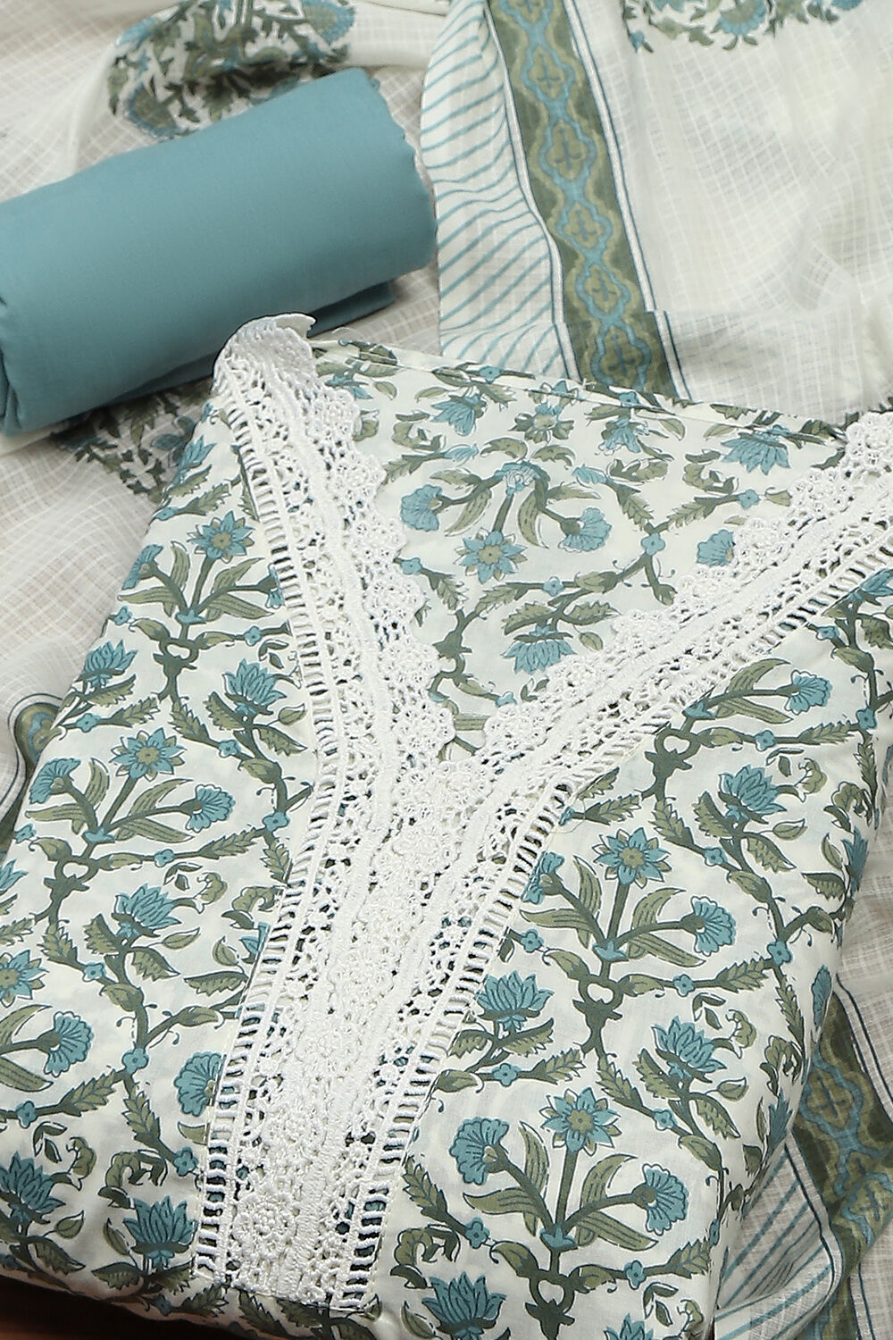 White Cotton Printed Unstitched Kurta Set image number 1