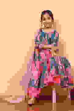 Teal and Pink Floral Printed Flared Festive Suit Set image number 0