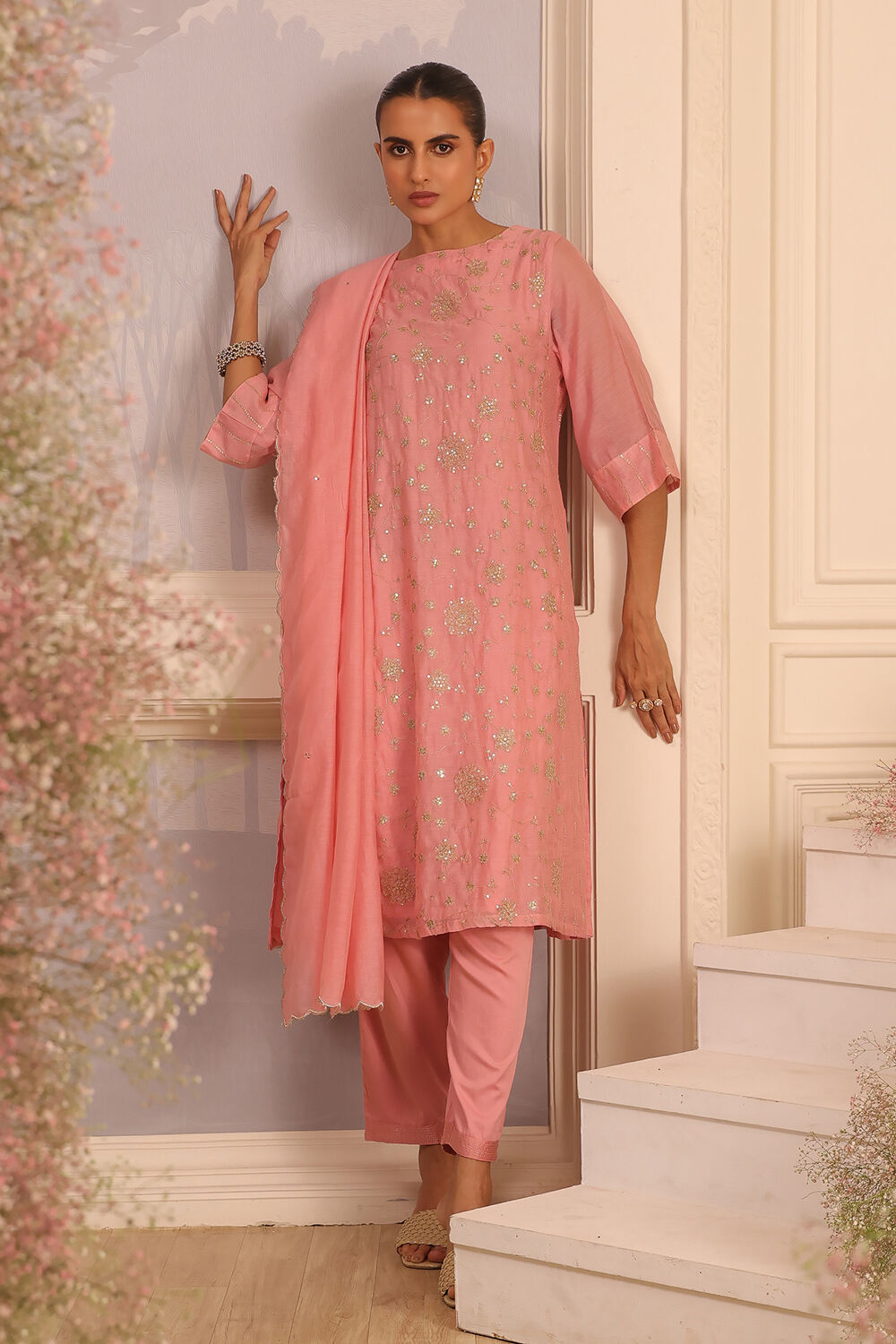 Pink Silk Embroidered Straight Suit Set image number 5