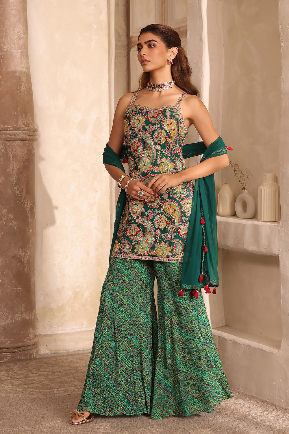 Green Viscose Chinon Printed Straight Suit Set image number 5