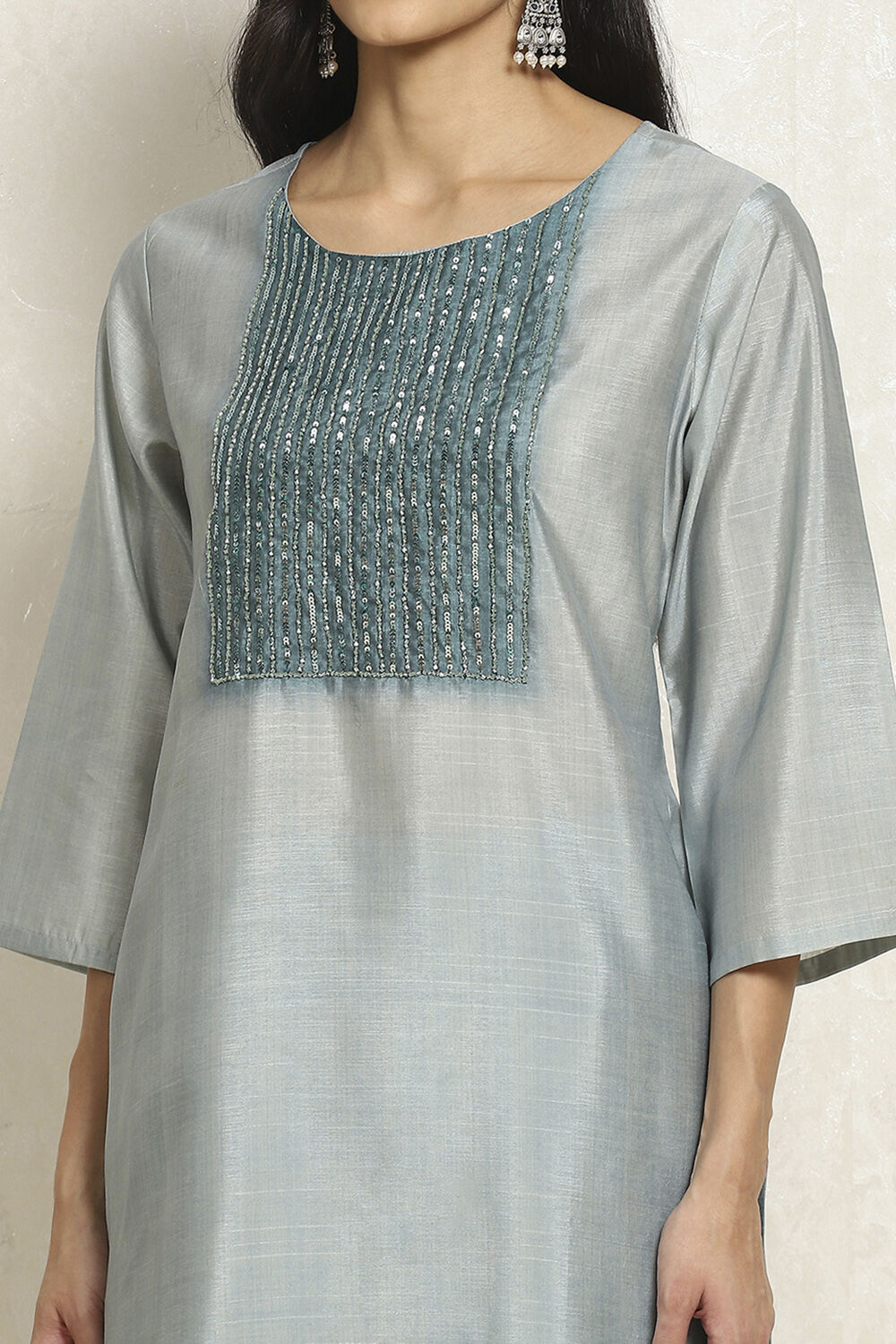 Blue Cotton Kota Embellished Unstitched Suit Set image number 2