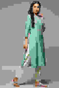 Sea Green Cotton Blend Straight Yarndyed Kurta image number 4