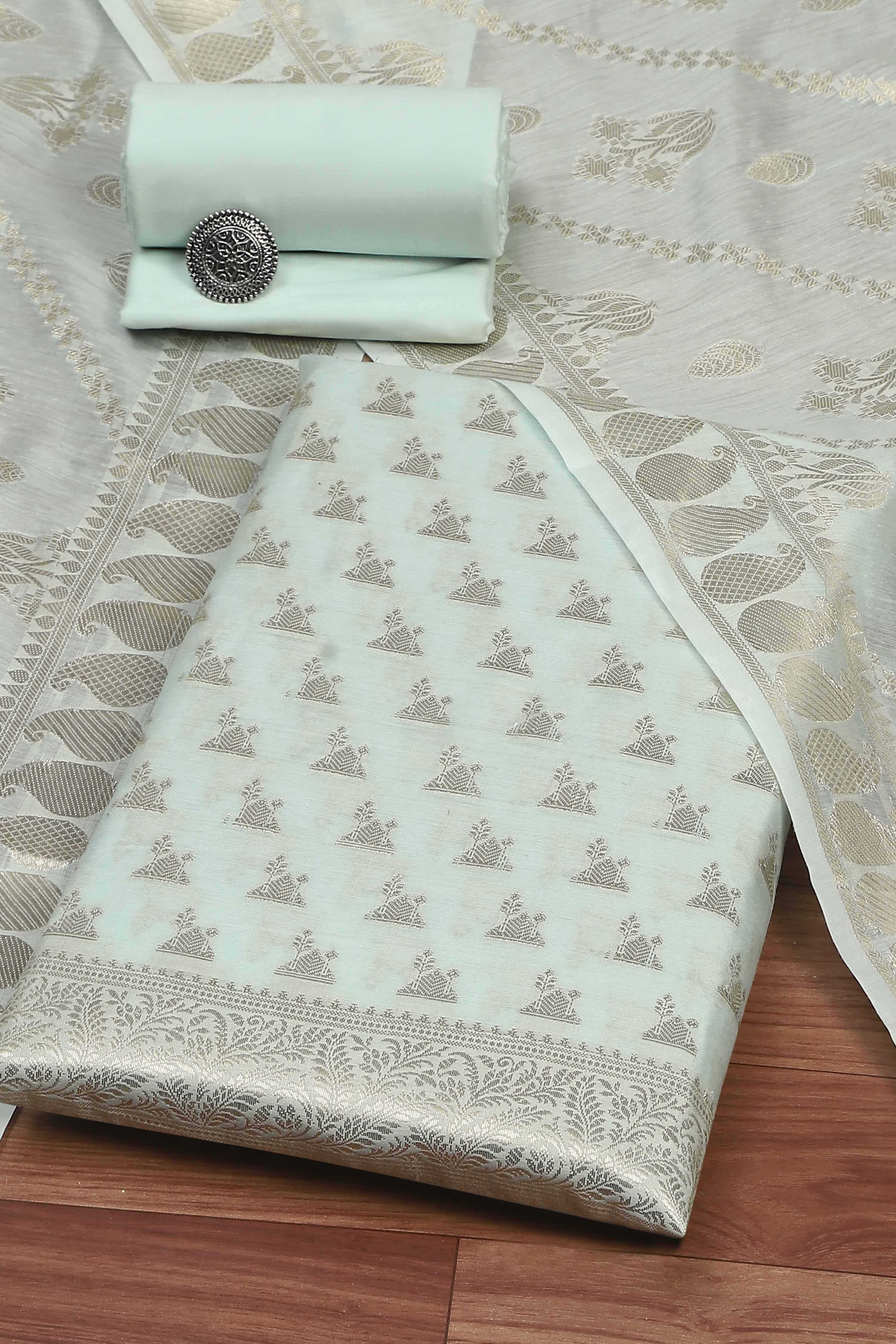 Blue Poly Silk Banarasi Unstitched Suit Set image number 0