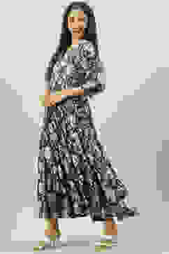 Navy Cotton Tiered Printed Dress image number 3