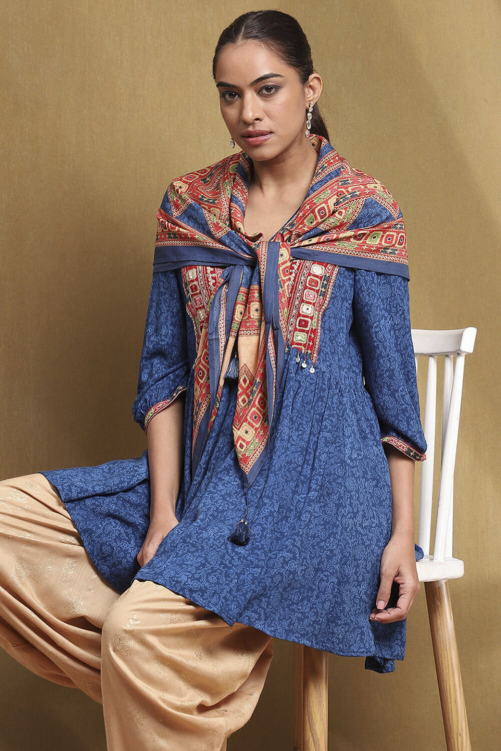 Blue and Beige Embroidered Peplum Kurta Set image number 0