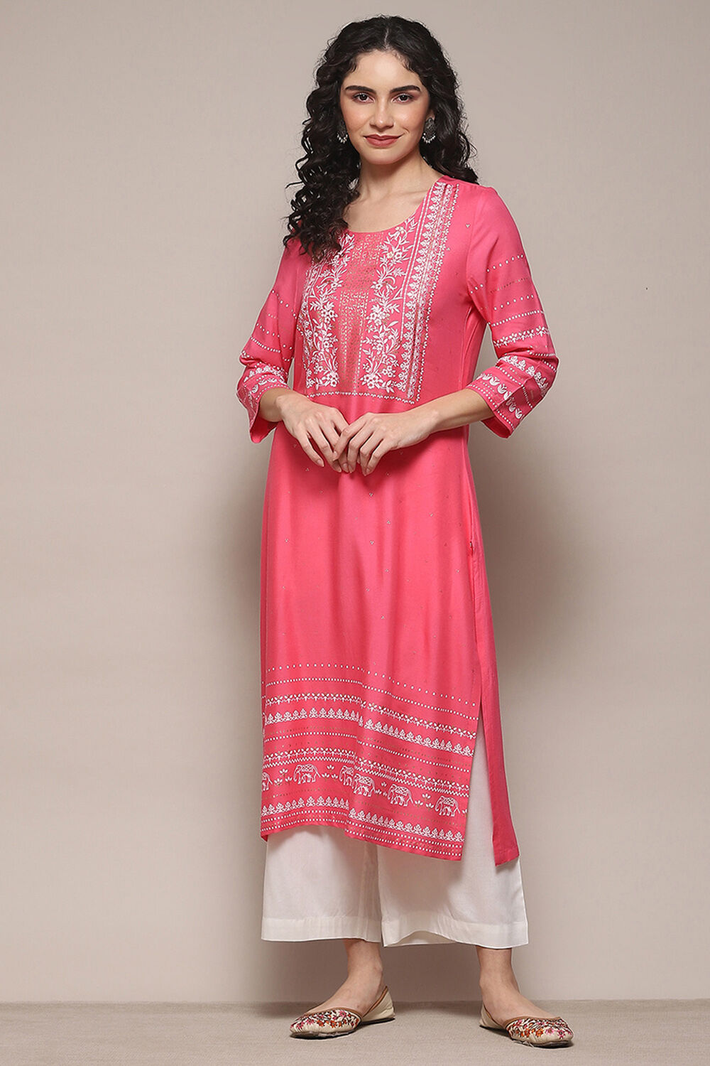 Pink Rayon flax Relaxed Kurta Palazzo Suit Set image number 6
