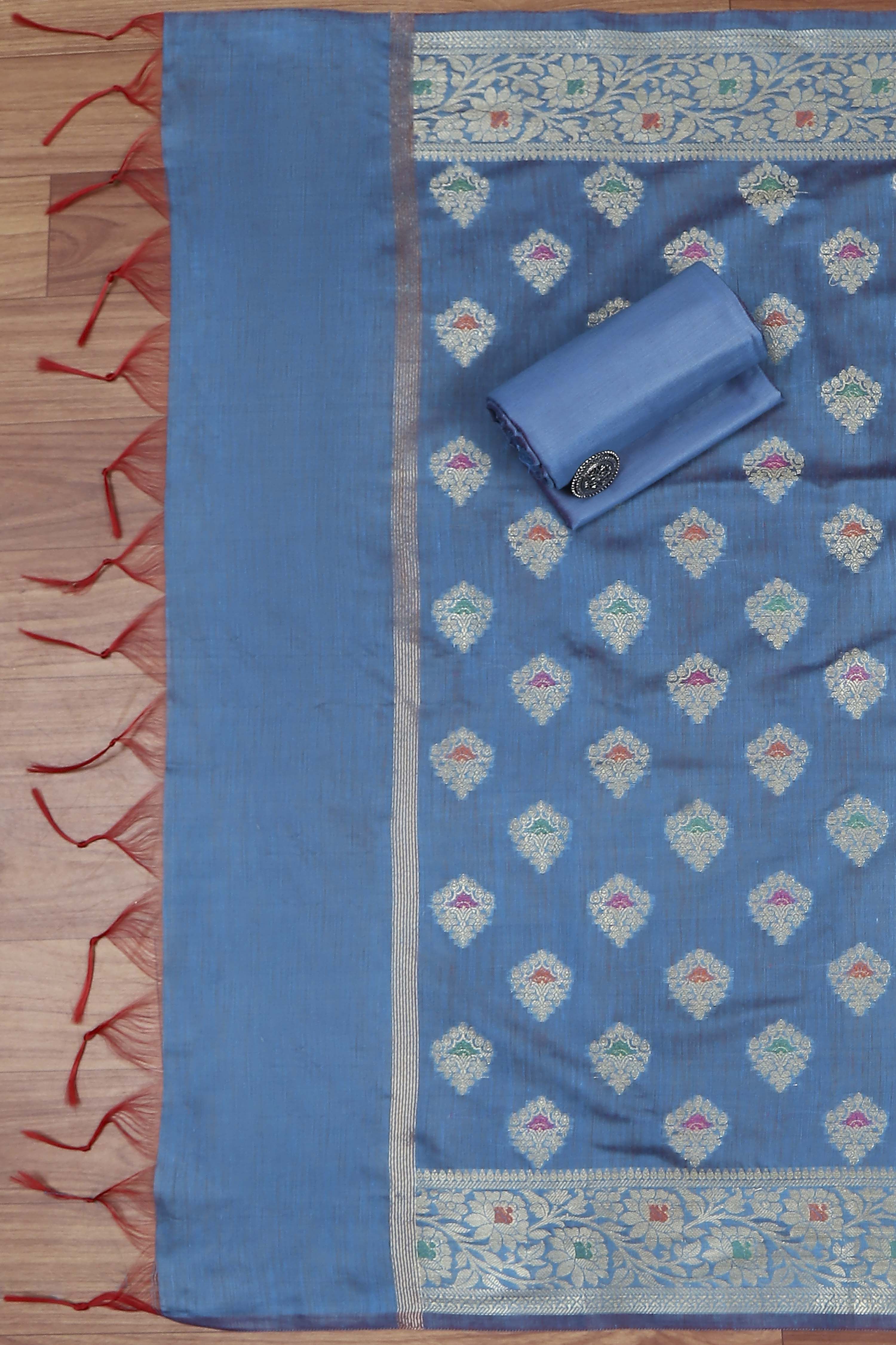 Blue Cotton Printed Embroidered Unstitched Suit Set image number 3