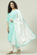 Aqua Blue and White Cotton Straight Suit Set image number 5