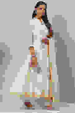 Ivory Poly Cotton Flared Kurta Churidar Suit Set image number 7