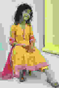 Yellow Cotton Printed Tiered Suit Set image number 0