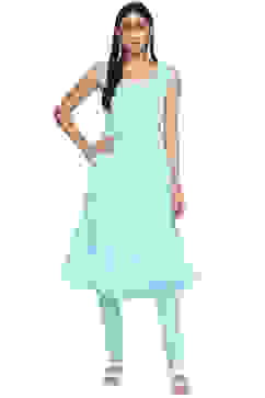 Turquoise Cotton Blend Layered Kurta Churidar Suit Set image number 1