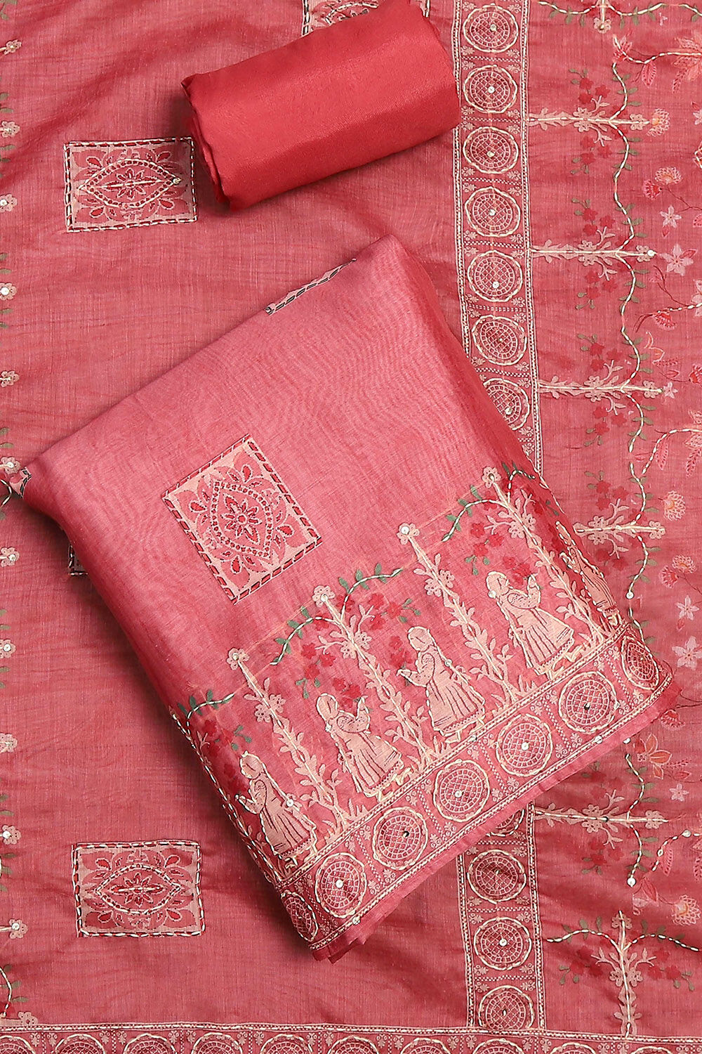 Green Chanderi Hand Embroidered Unstitched Suit Set image number 0