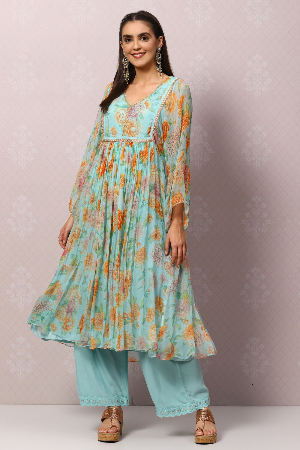 Sea Green Viscose Flared Kurta Palazzo Suit Set image number 0