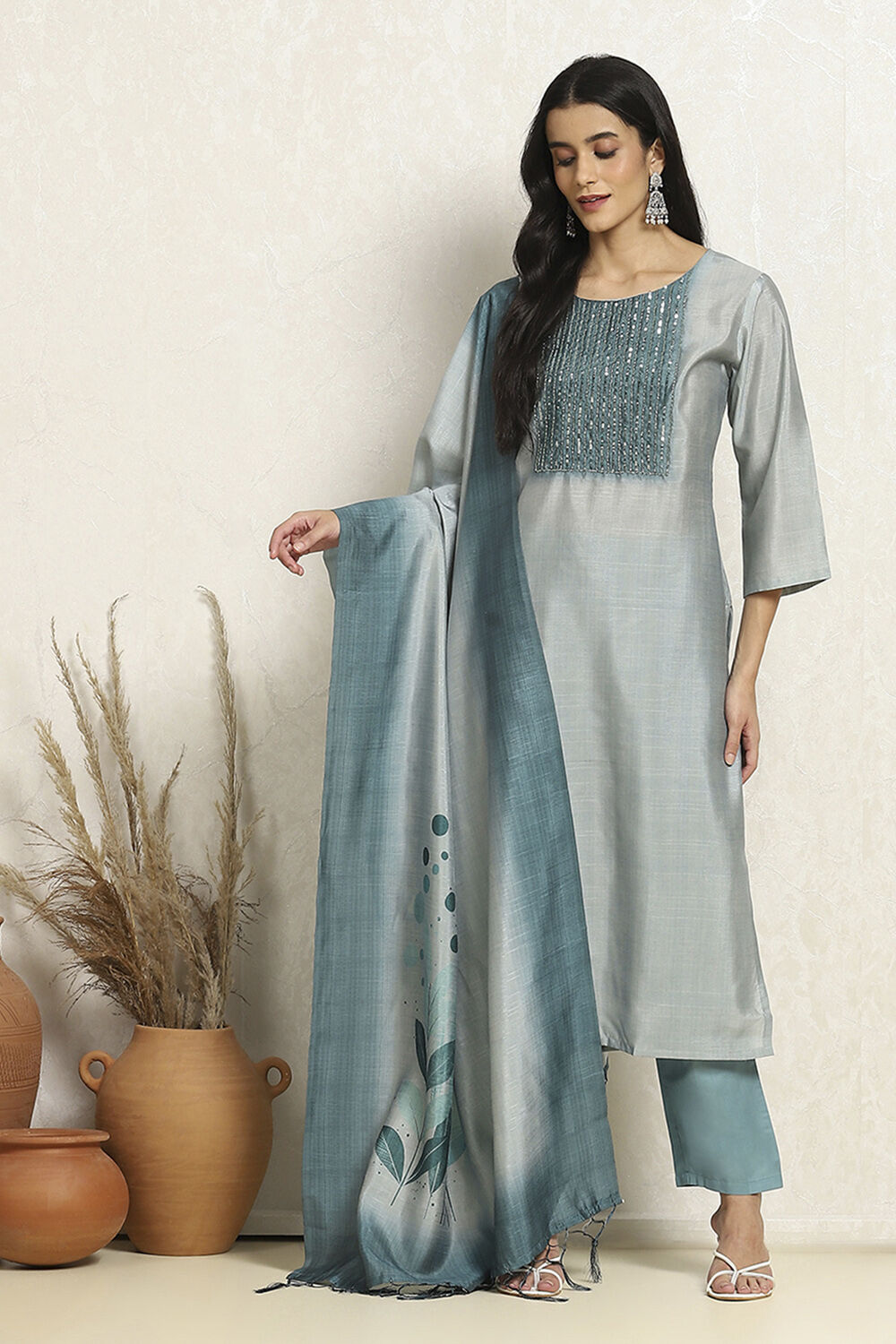 Blue Cotton Kota Embellished Unstitched Suit Set image number 1