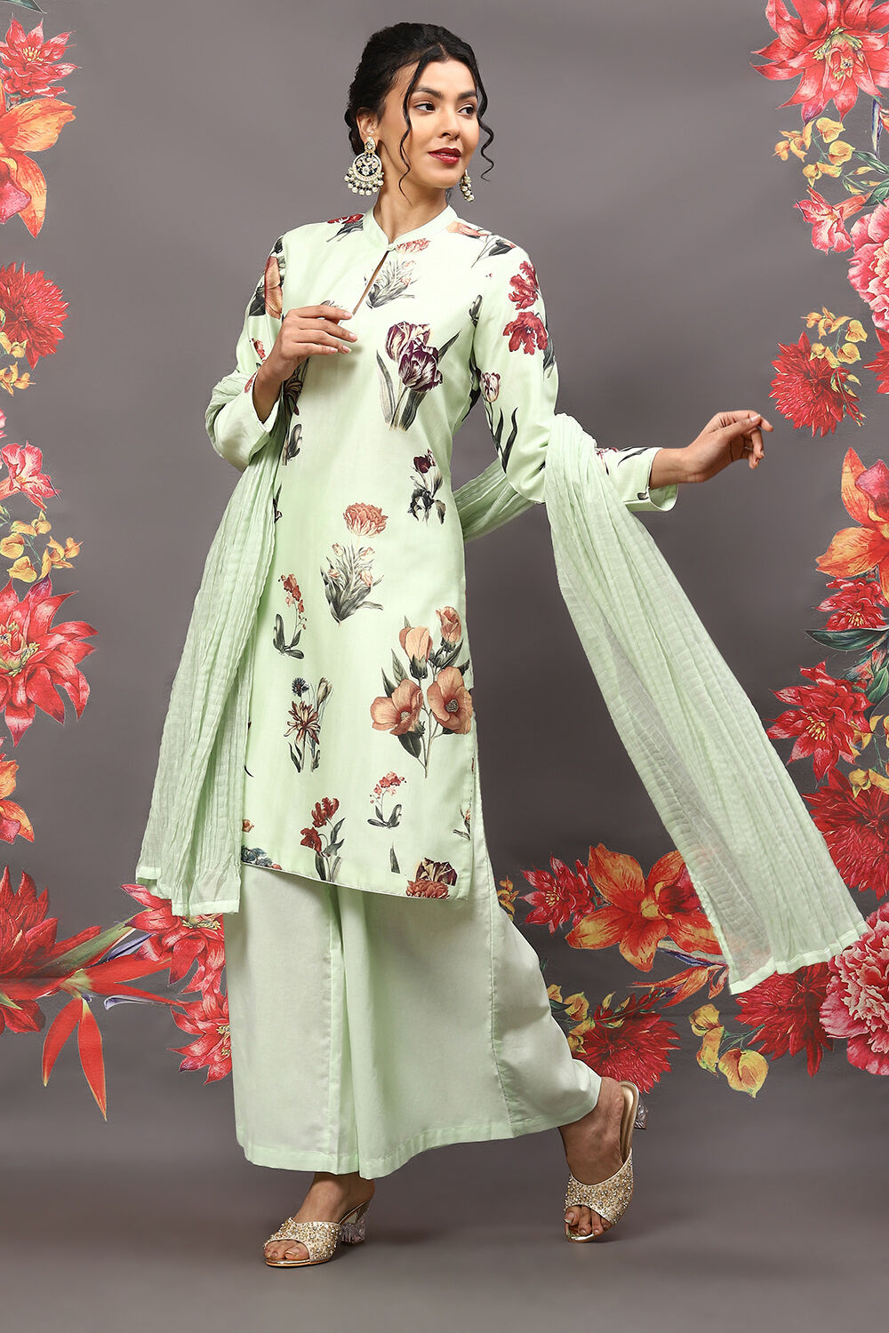 Mint Green Cotton Blend Straight Kurta Suit Set image number 4