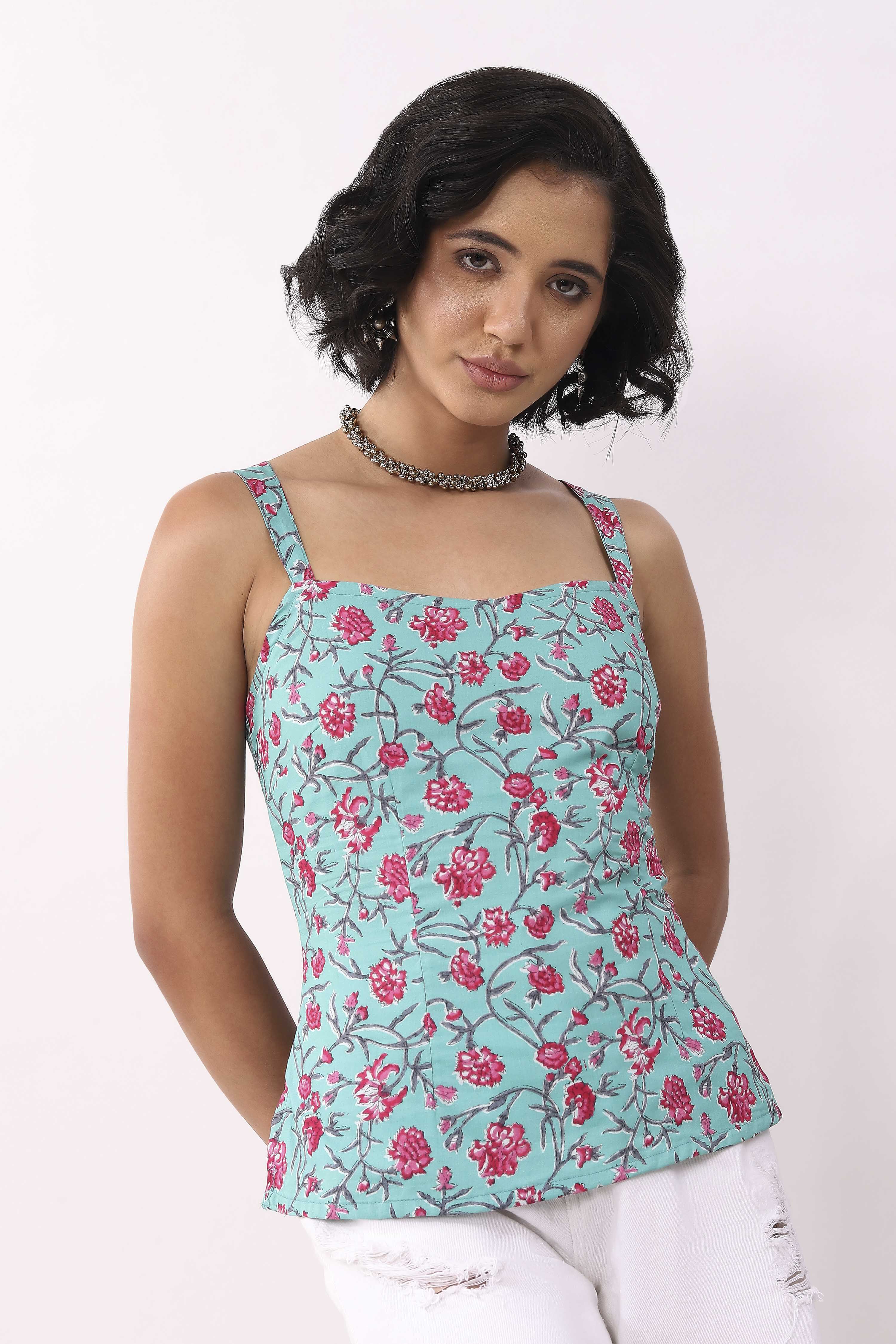 Turquoise Cotton Floral Tie-Up Back Strappy Top image number 5